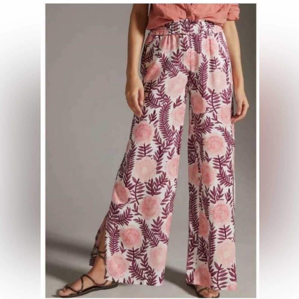 Anthropologie smock waist, wide leg print pants with split hem